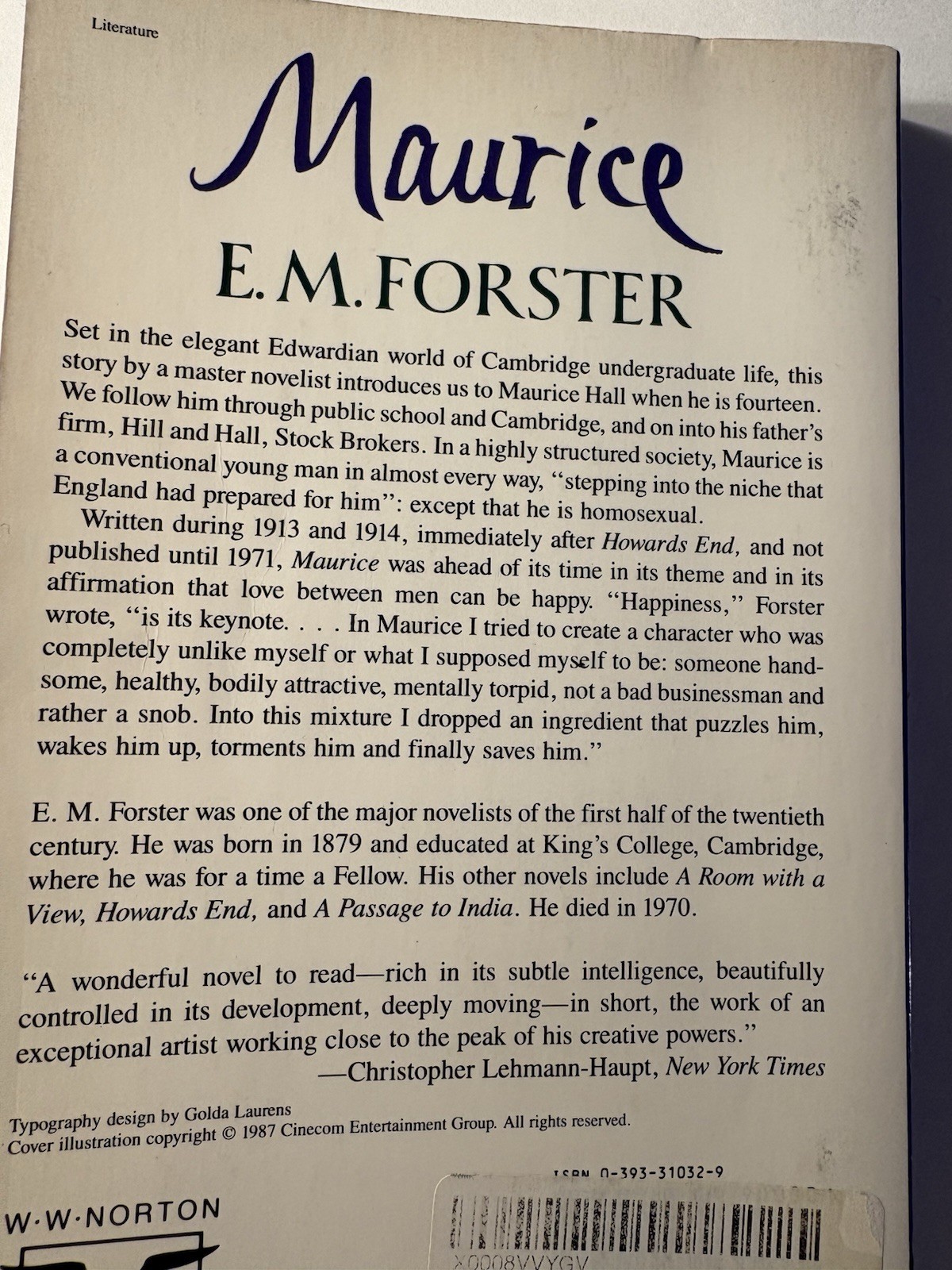 A BOOK: MAURICE By E. M. FORSTER. 256 pgs. W W NORTON