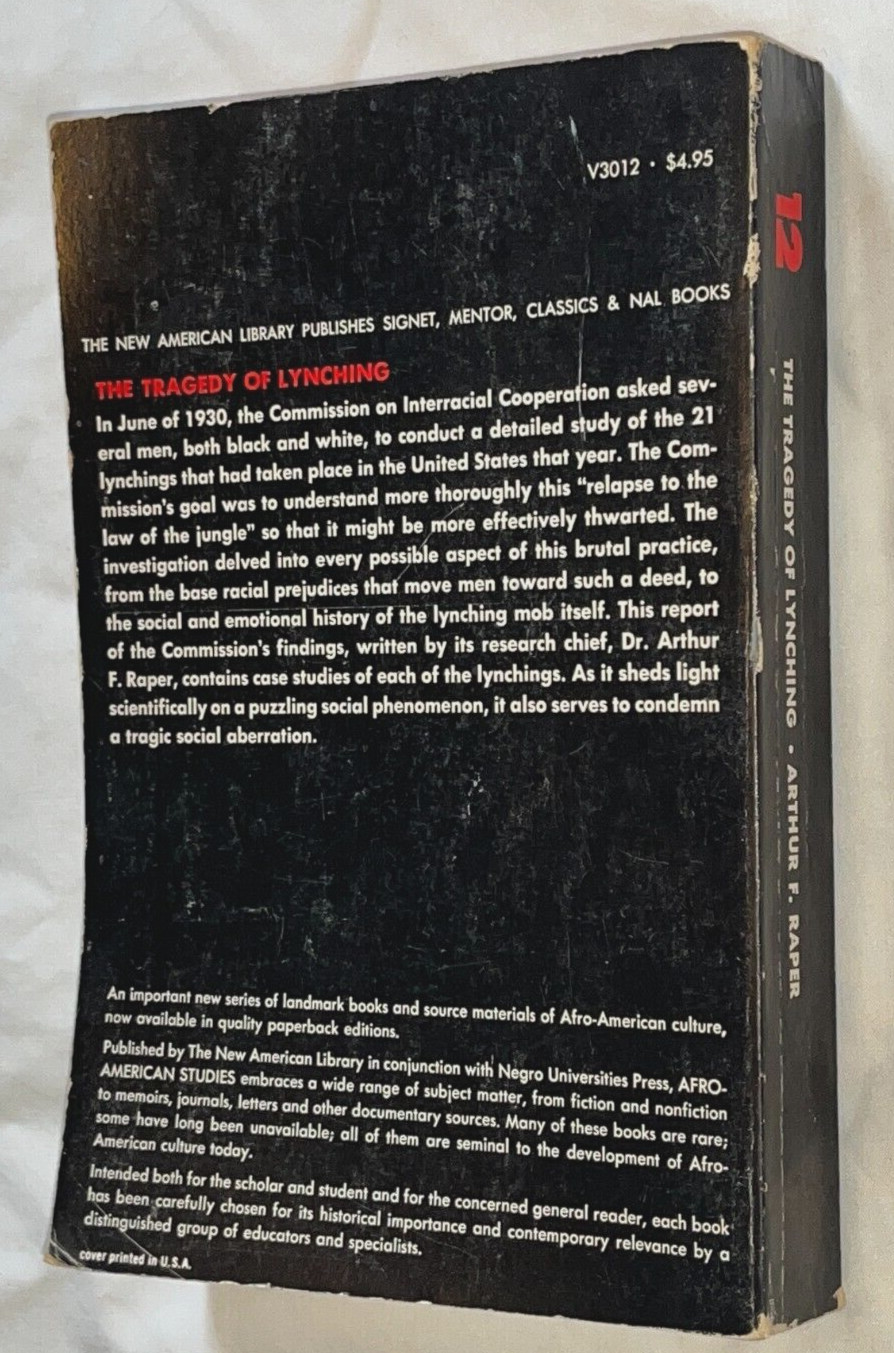 The Tragedy of Lynching Arthur Raper Afro American Studies Negro Press PB (1969)
