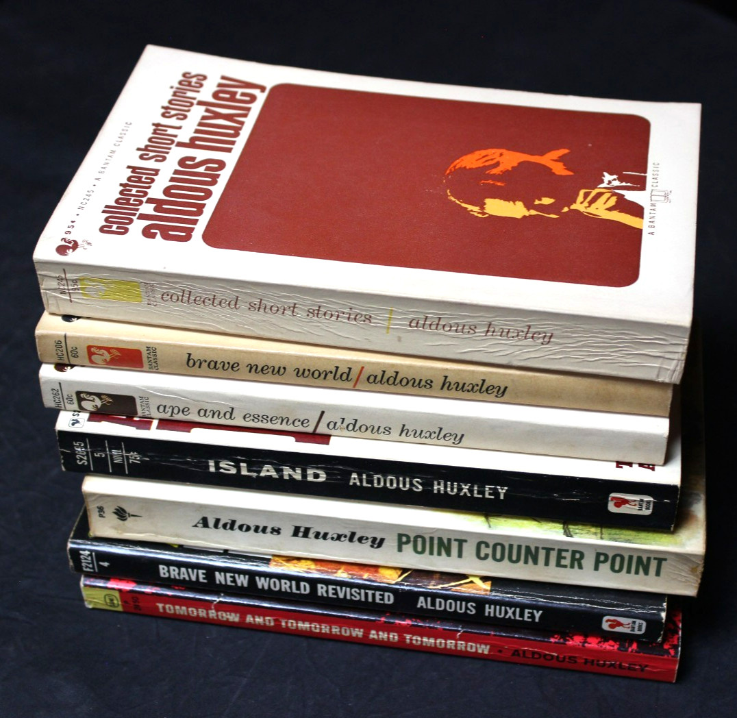 7 VINTAGE ALDOUS HUXLEY PAPERBACK BOOKS: BRAVE NEW WORLD, ISLAND, APE & ESSENCE