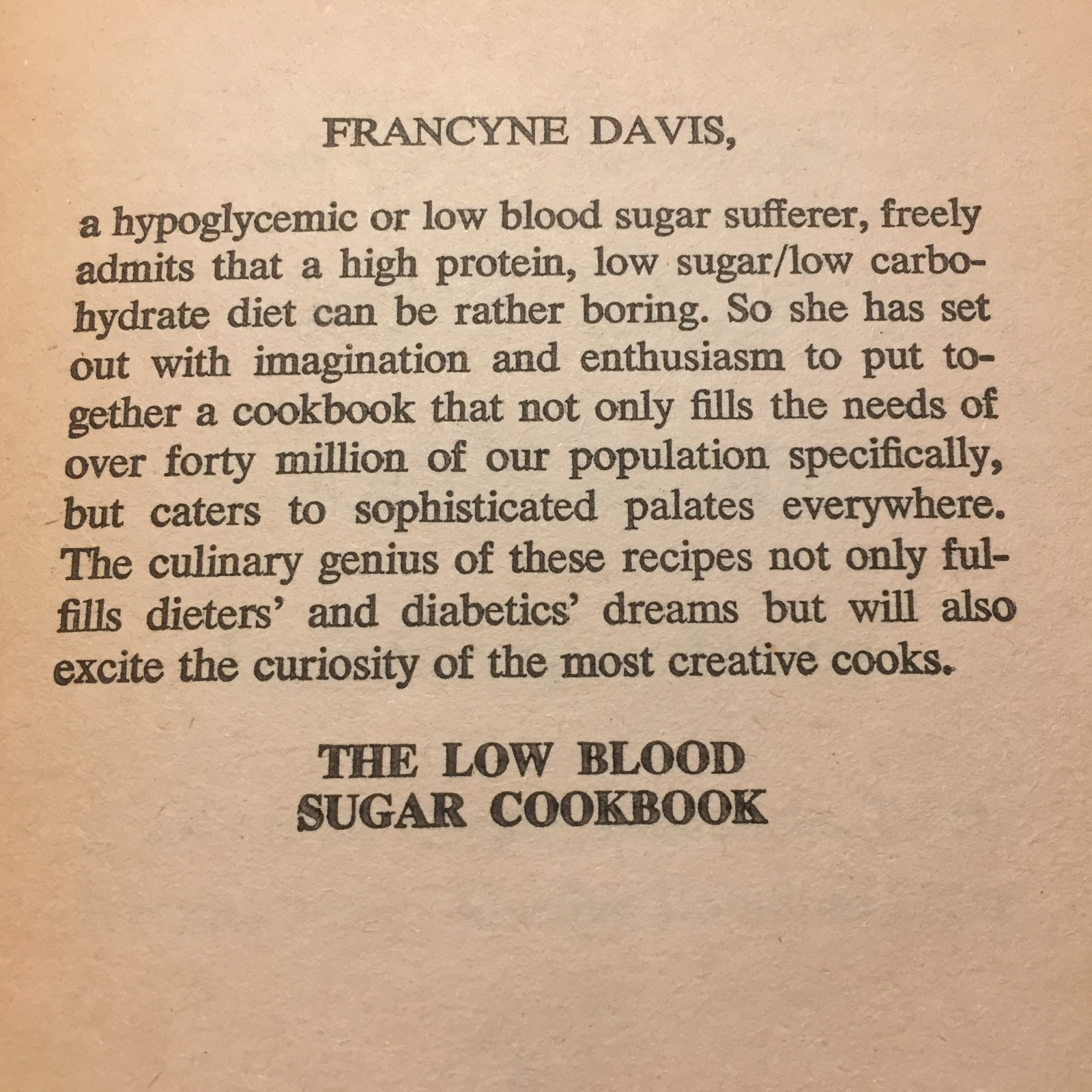 The Low Blood Sugar Cookbook Francyne Davis 1974 Bantam Books Cooking