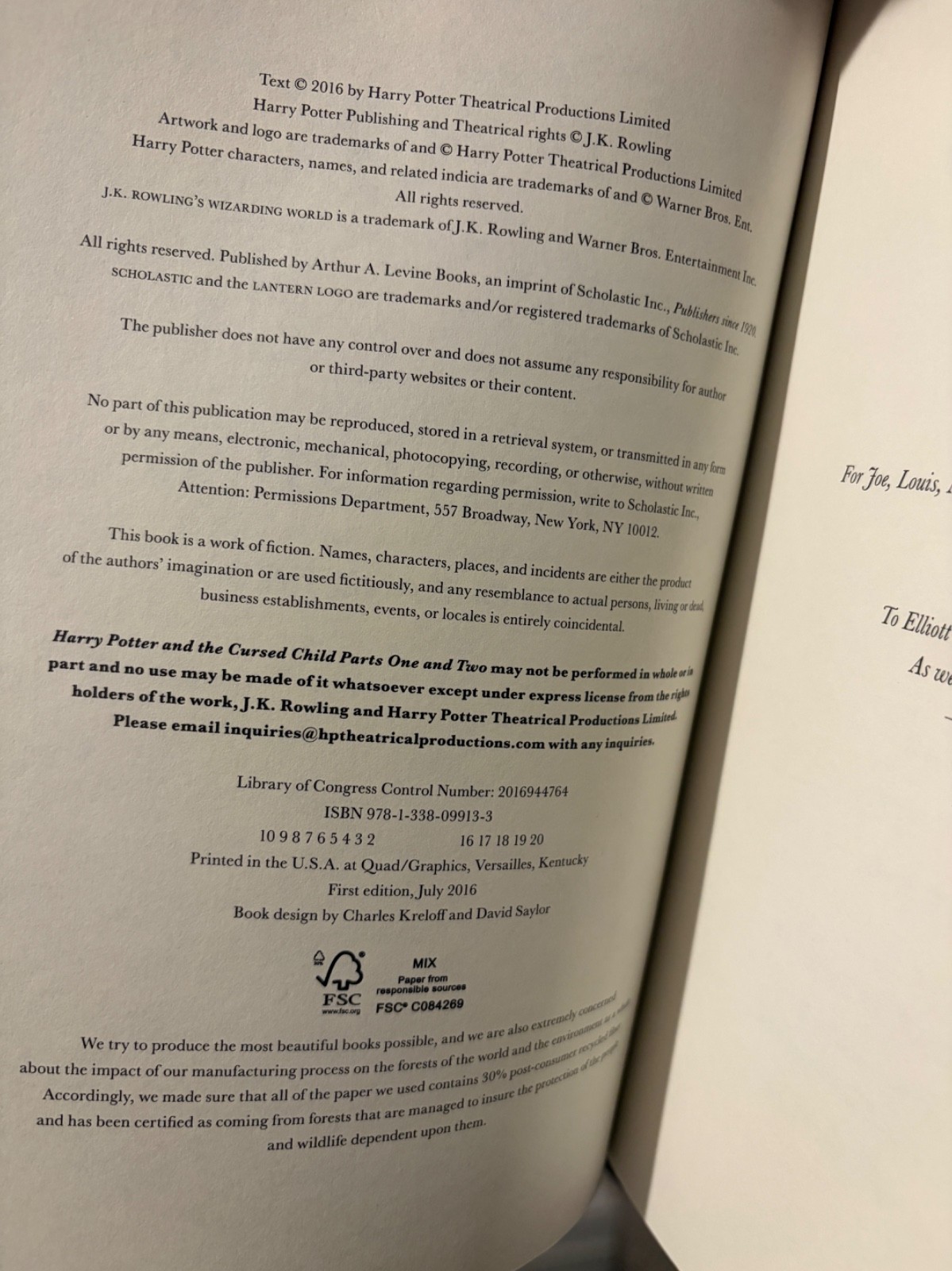 Harry Potter and the Cursed Child with DJ First Edition 2nd Printing