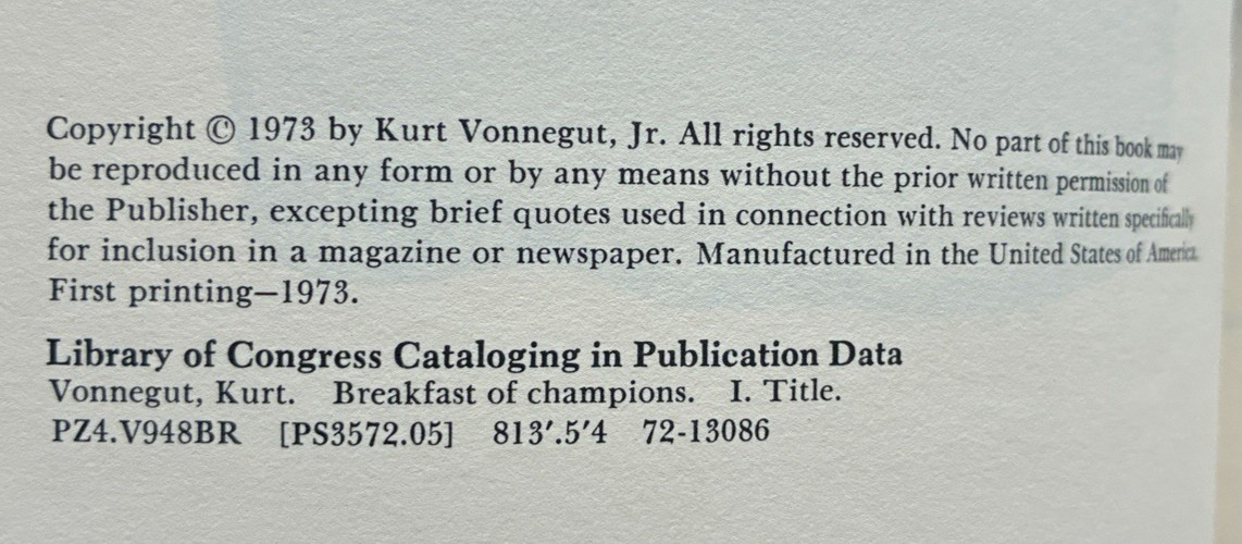 1973 Breakfast of Champions Kurt Vonnegut 1st Edition 1st Printing + Dust Jacket