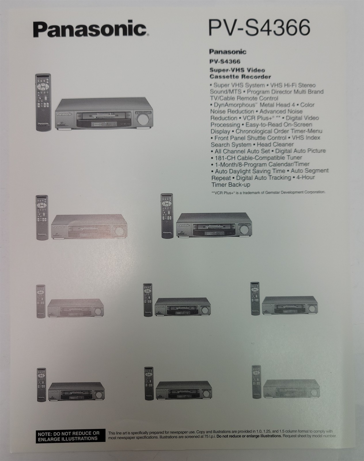 1990’s Panasonic PV-S4366 Super-VHS Video Cassette Recorder Line Art Brochure