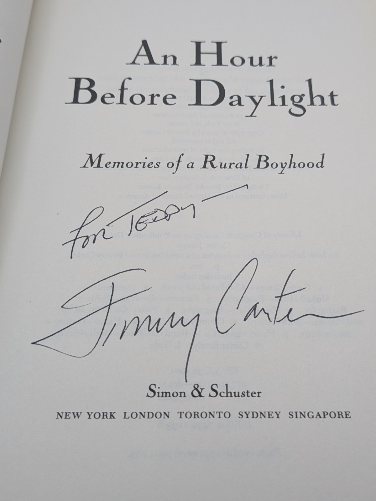 An Hour Before Daylight Signed by President Jimmy Carter 1st Edition (For Teddy)
