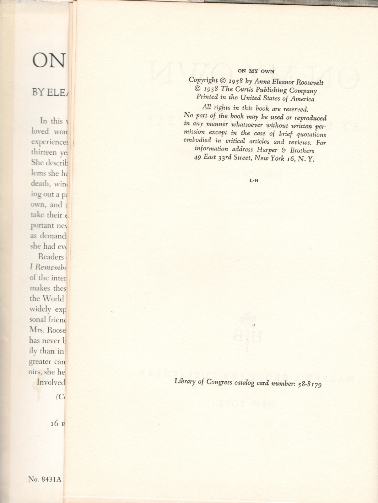 Eleanor Roosevelt. Signed On My Own: Years Since the White House. 1st ed HC. COA