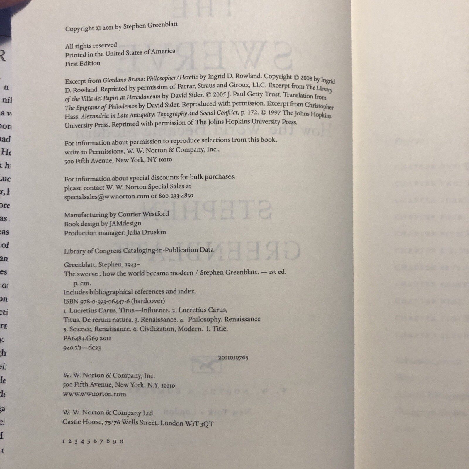 The Swerve : How the World Became Modern by Stephen Greenblatt (2011 First Ed.)