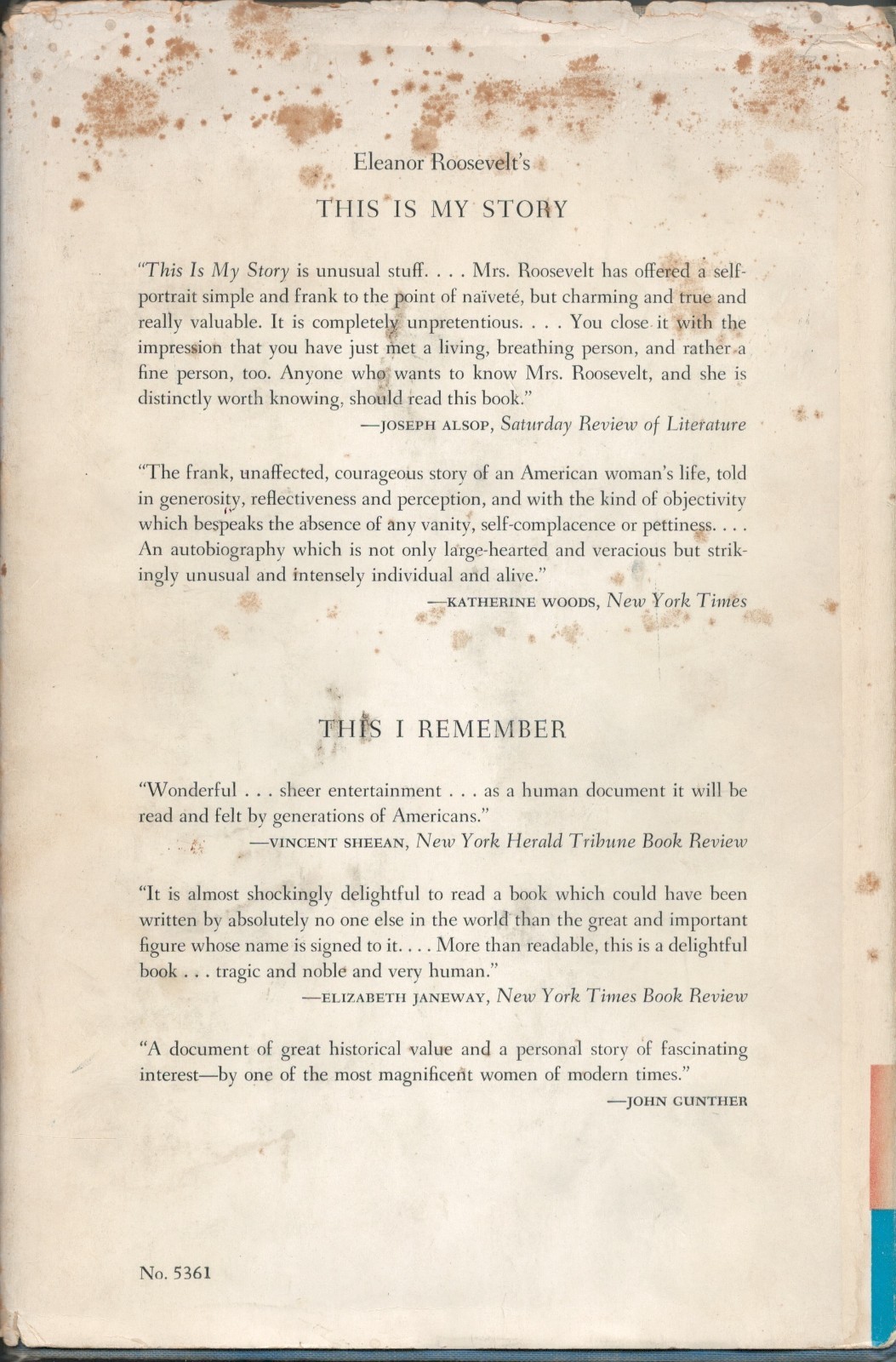 Eleanor Roosevelt. Signed On My Own: Years Since the White House. 1st ed HC. COA