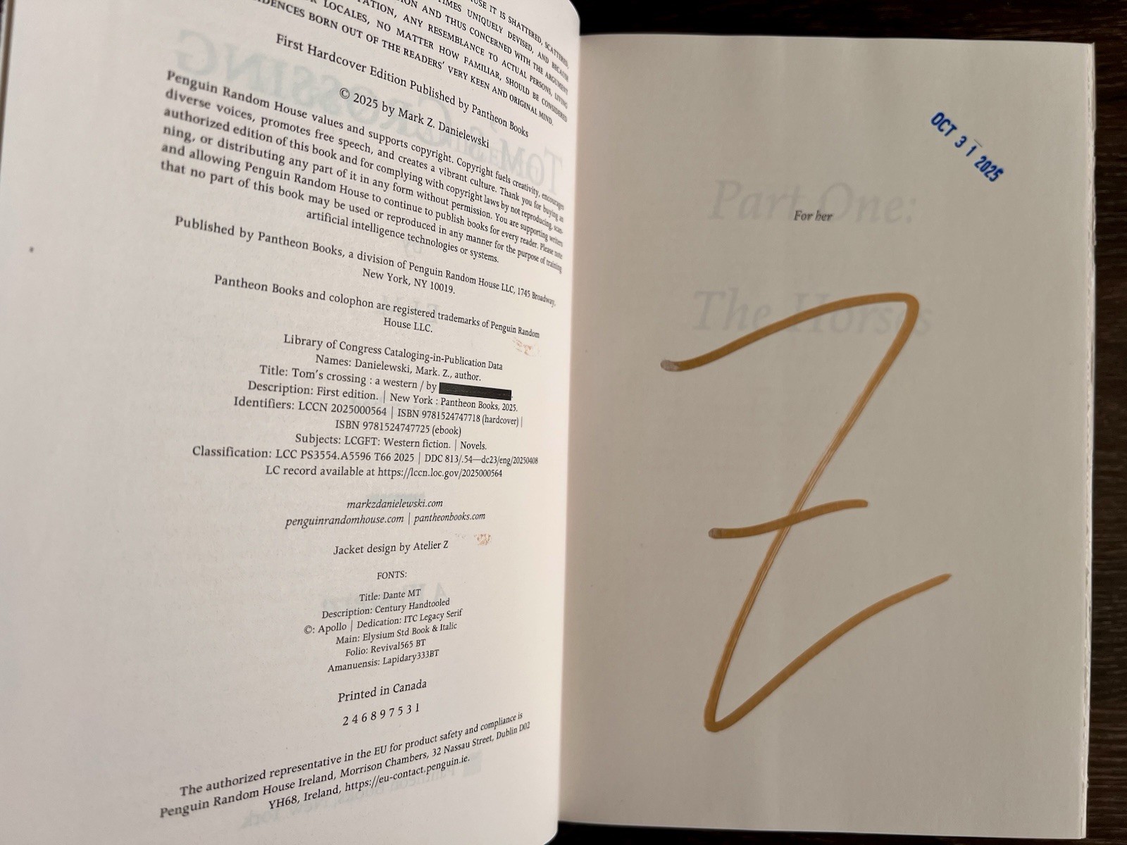 SIGNED & DATED Mark Z. Danielewski TOM’S CROSSING 1st/1st As-New