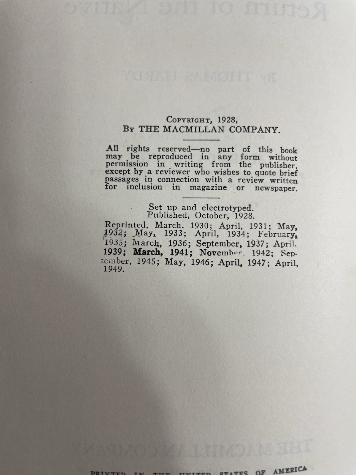 The Return Of The Native Thomas Hardy The Macmillan Company 1949 HC