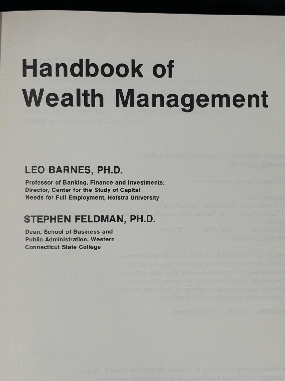 HANDBOOK OF WEALTH MANAGEMENT By Leo Barnes & Stephen Feldman – Hardcover Bo5