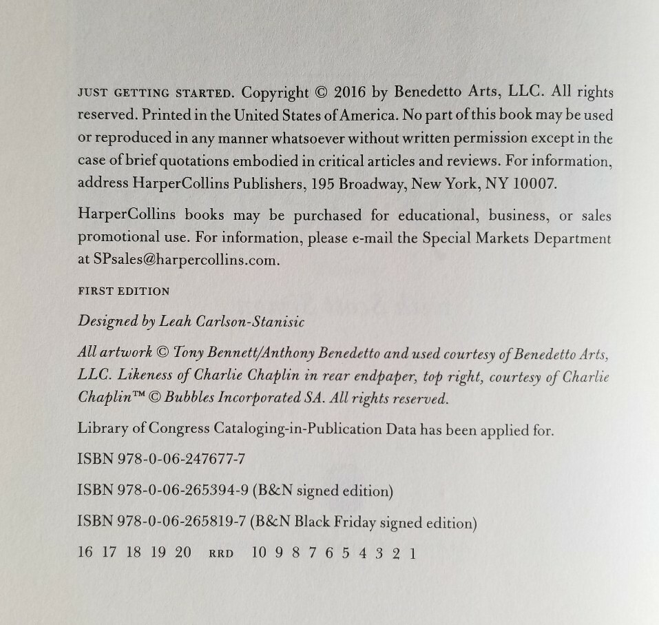TONY BENNETT OFFICIAL BARNES & NOBLE NOT SIGNED LTD ED JUST GETTING STARTED BOOK