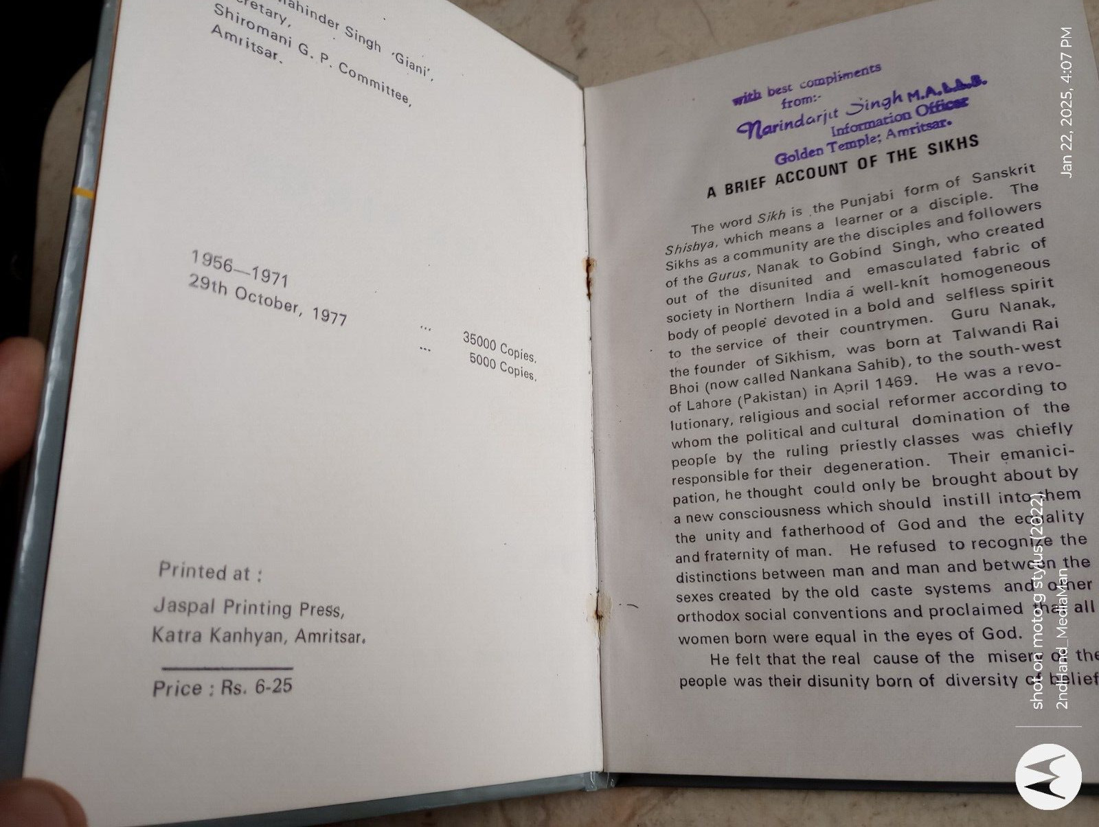 1977 A BRIEF ACCOUNT OF THE SIKHS GANDA SINGH HC/HARDCOVER BOOK