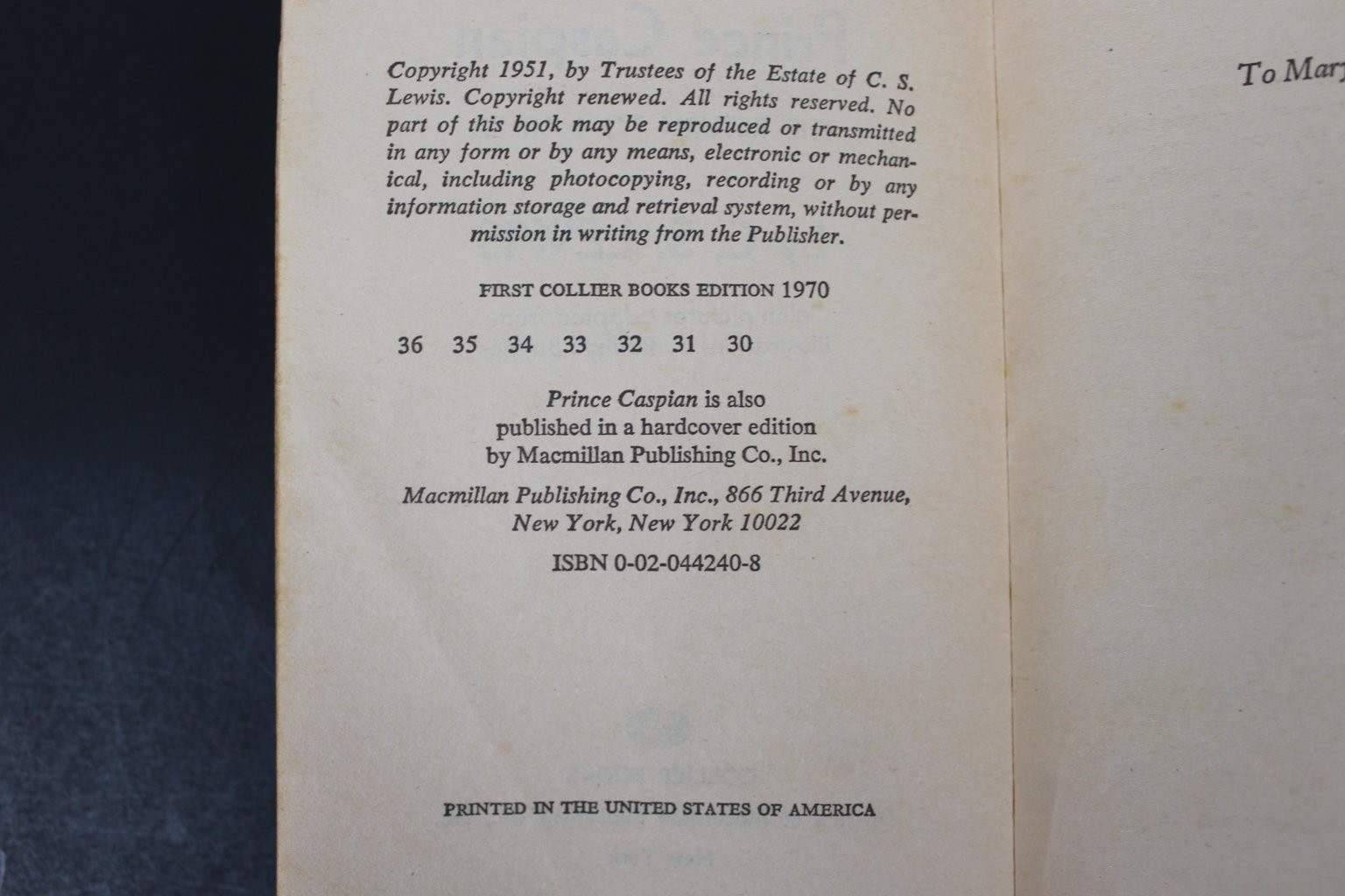 Prince Caspian C.S. Lewis 1970 First Collier Edition Chronicles Narnia Fantasy