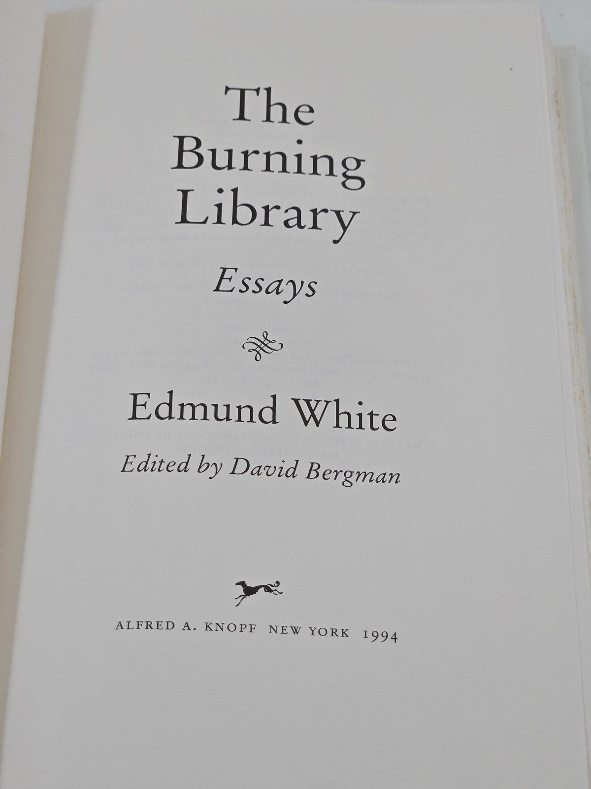 The Burning Library Essays Edmund White 1994 Alfred A Knopf Hardcover w/ Dust