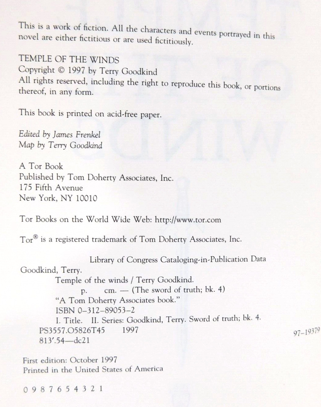 Collectible TERRY GOODKIND True 1st ed TEMPLE OF THE WINDS 528 pages 1997 HCDJ