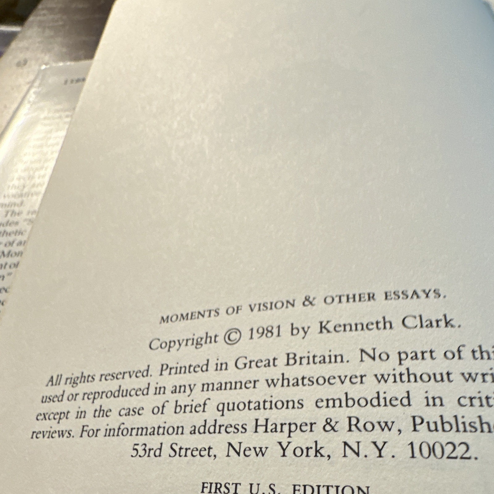 Kenneth Clark Moments of Vision & Other Essays Inscribed 1st US Ed HC 1981
