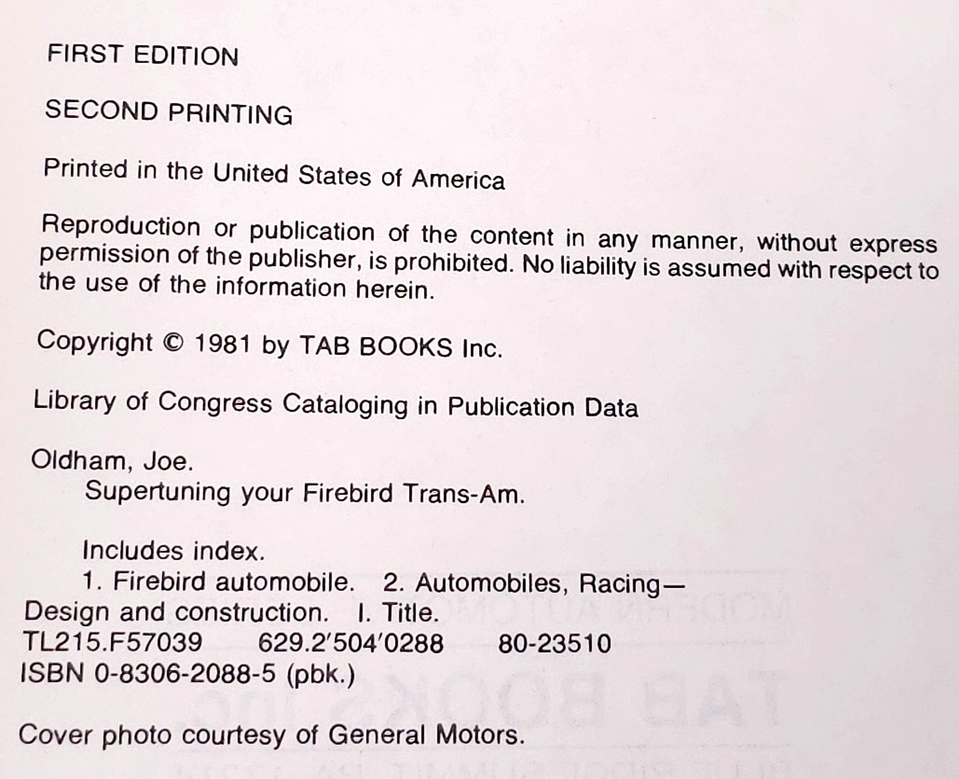 Vintage Supertuning Your Firebird Trans Am TAB Books 2088 1981 Repair Manual