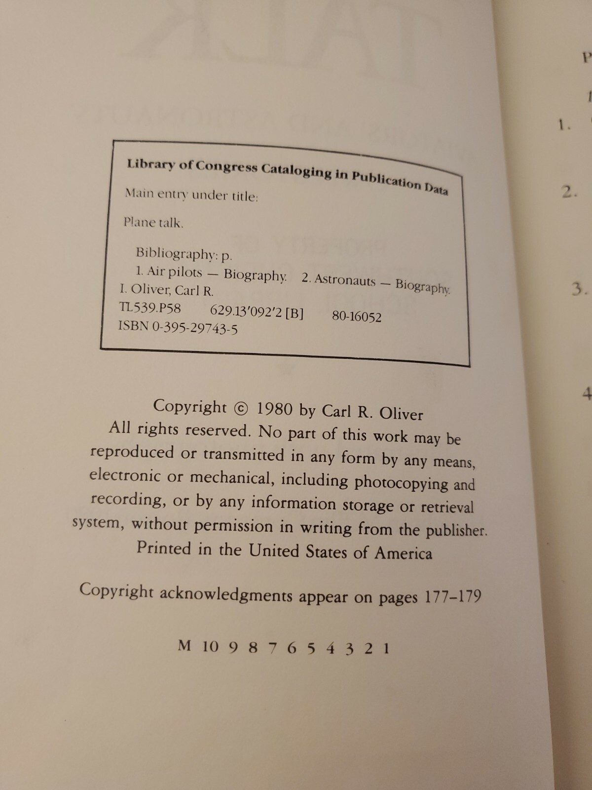 PLANE TALK By Carl Oliver Hardcover 1980 Aviators and Astronauts ex library