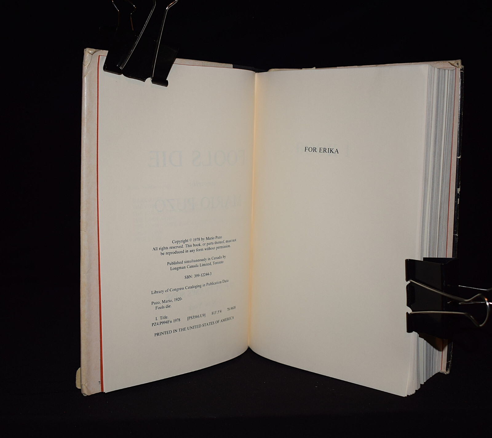 Fools Die by Mario Puzo ~ Pages 572 ~ Hardcover ~ W/ Dust Jacket