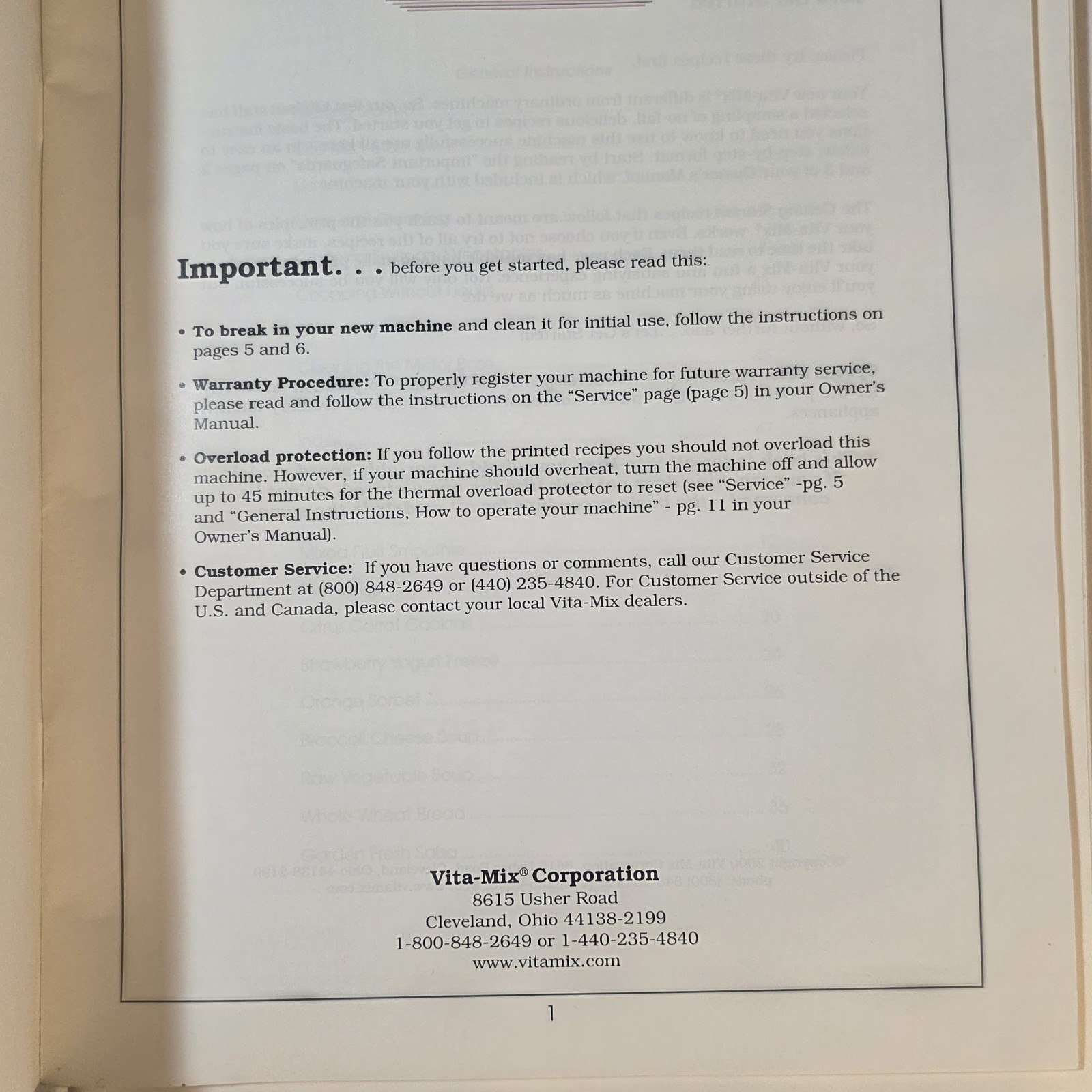 Vita-Mix Whole Food Recipes 3-Ring Binder and Owner’s Manual 2000 USA