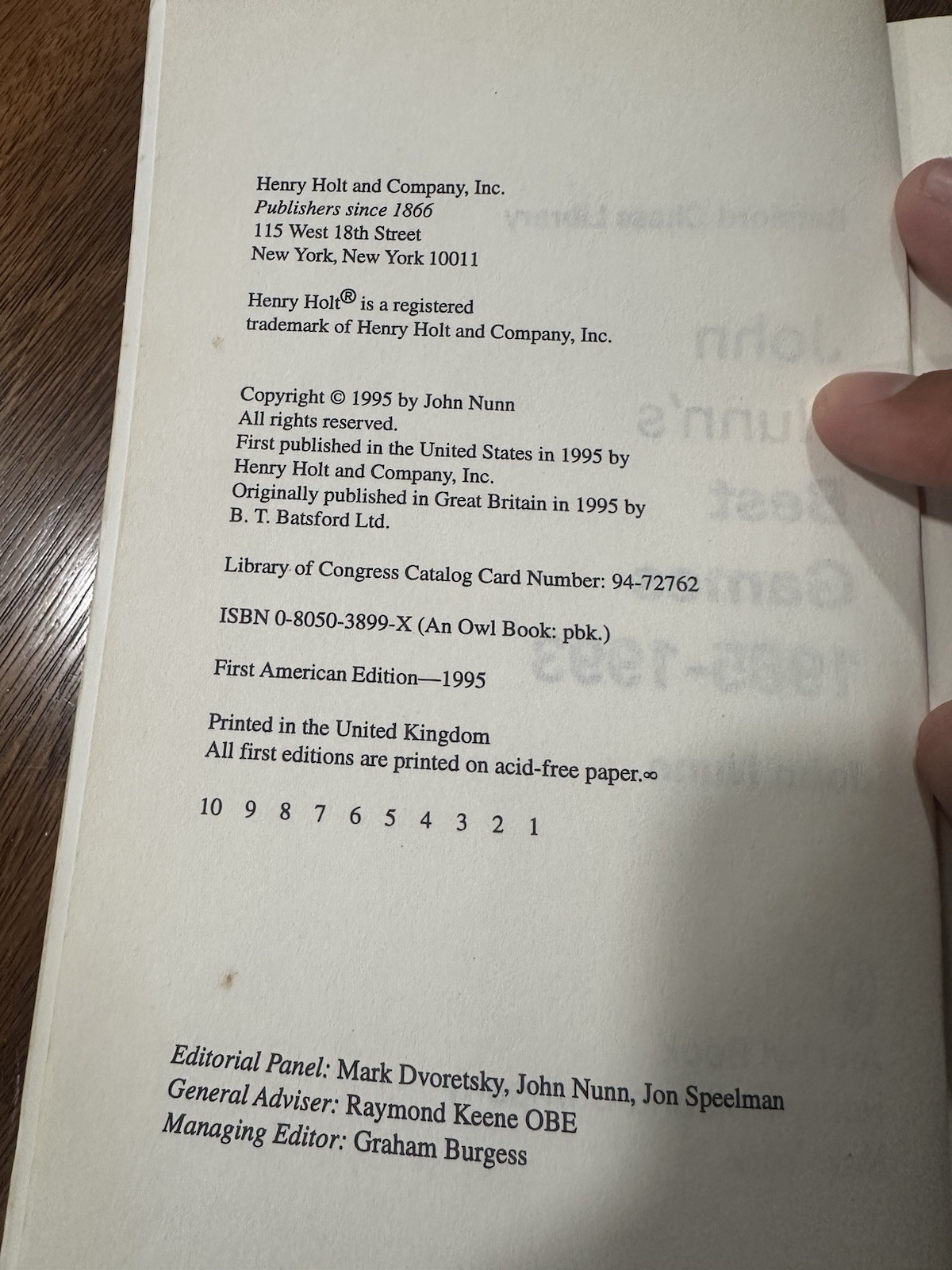 John Nunn’s Best Games by John Nunn (Chess Book) 1st American Edition 1995