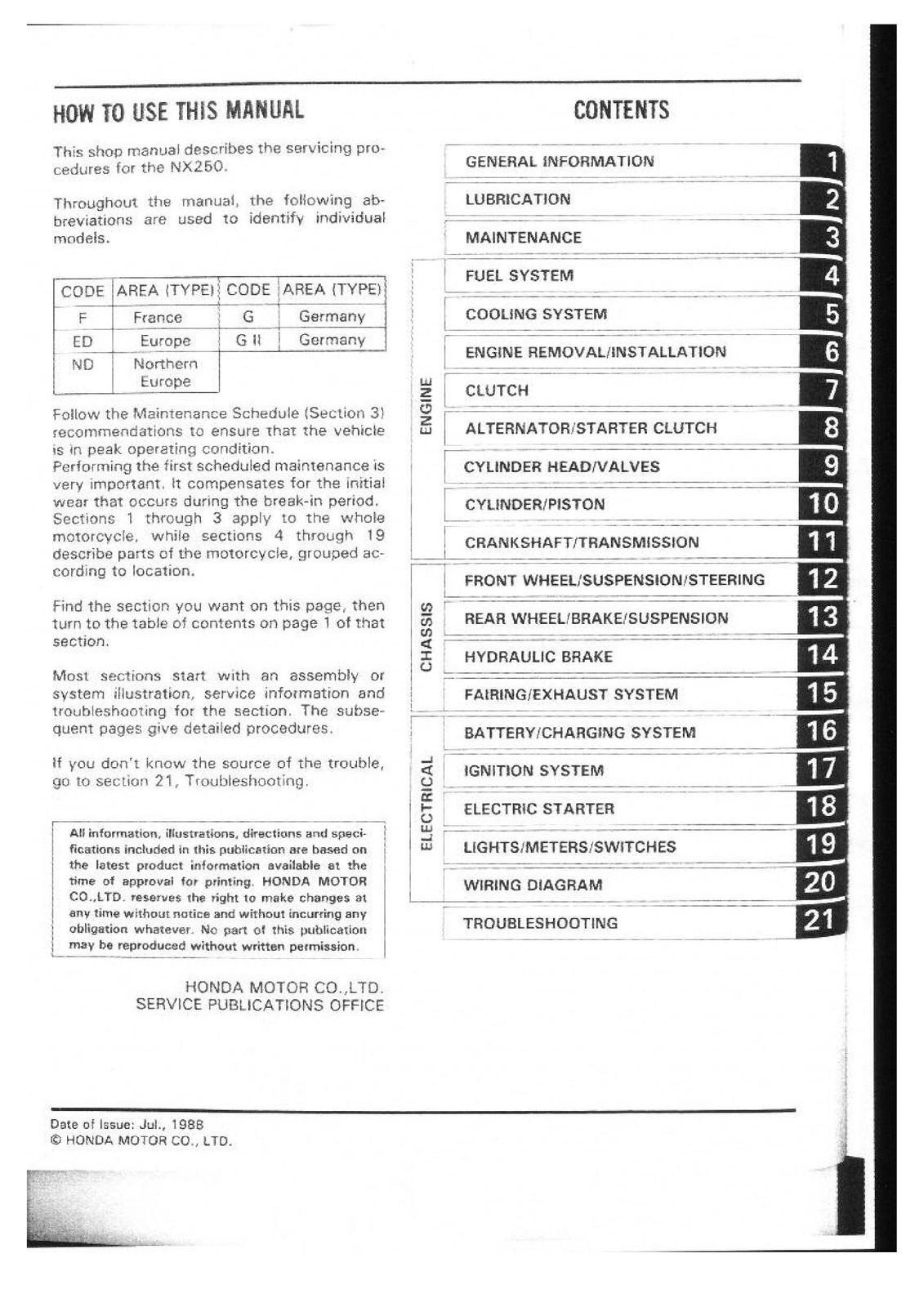 HONDA NX250 AX-1 Service Manual – STEEL WIRE BIND – PROTECTIVE FRONT & BACK