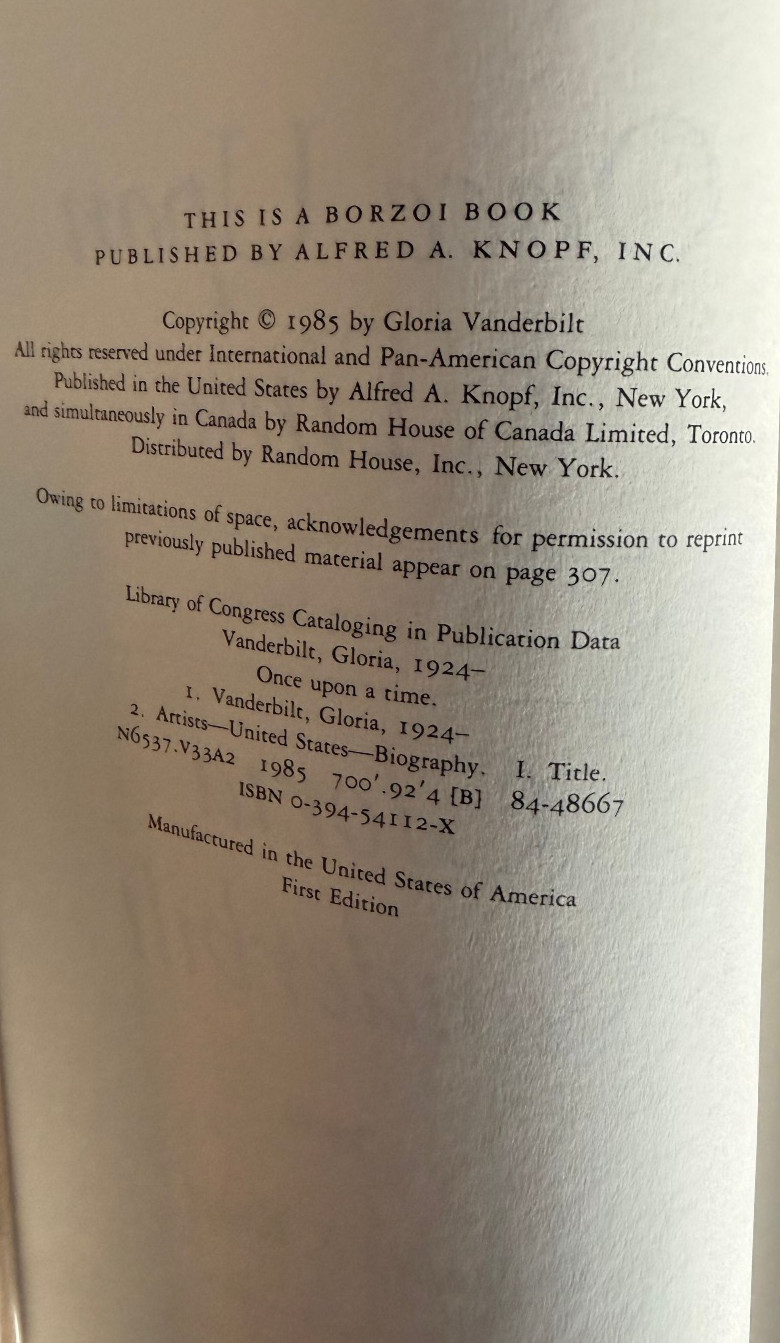 Once Upon a Time: A True Story Gloria Vanderbilt First Signed Edition REDUCED