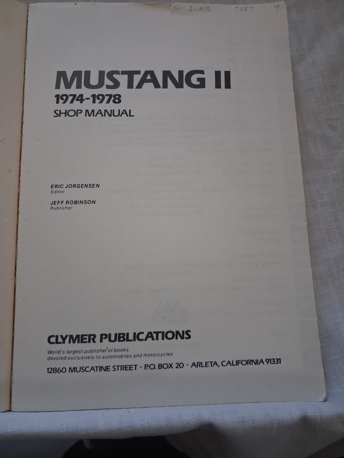 FORD MUSTANG II 1974-1978 Service Repair SHOP MANUAL CLYMER