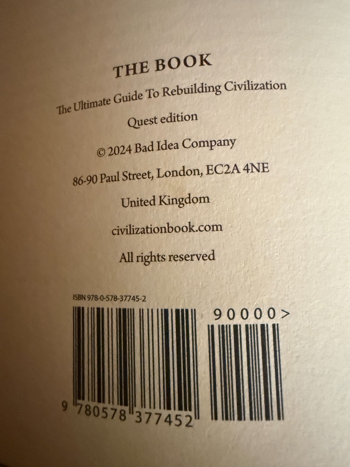 The Book. The Ultimate Guide to Rebuilding a Civilization. Hardcover. Brand New.