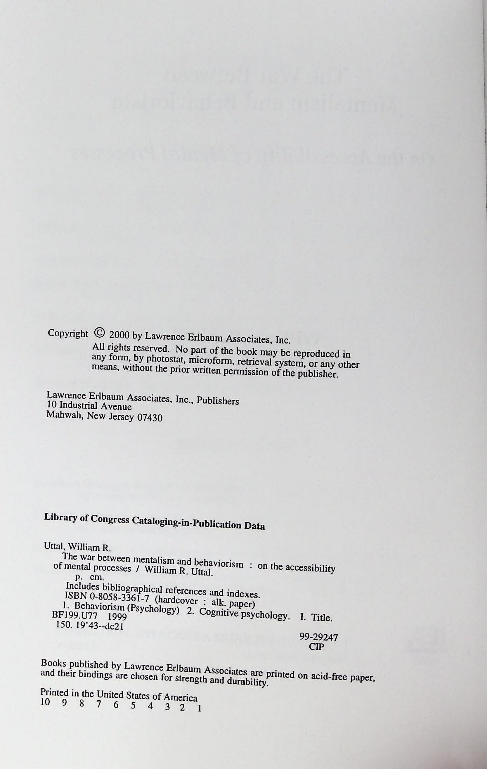 The War Between Mentalism and Behaviorism Uttal 2000 First Print Psychology LEA