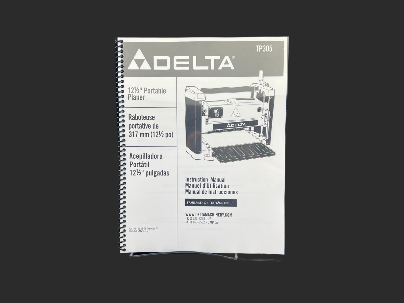 Delta TP305 Instruction Manual User Guide For 12″ Portable Planer Coil Bound