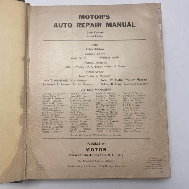 1965 Motor’s Auto Repair Manual 28th Ed 2nd Printing Hardcover Used