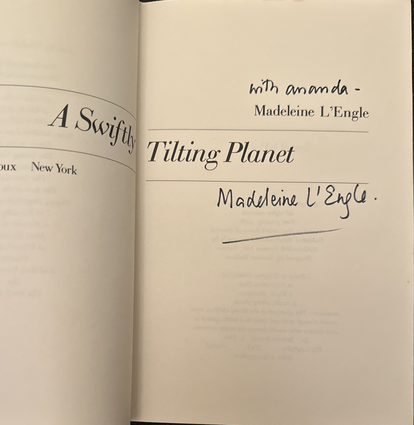 SIGNED, A Swiftly Tilting Planet. Madeleine L’Engle HBDJ FIRST PRINT 1978
