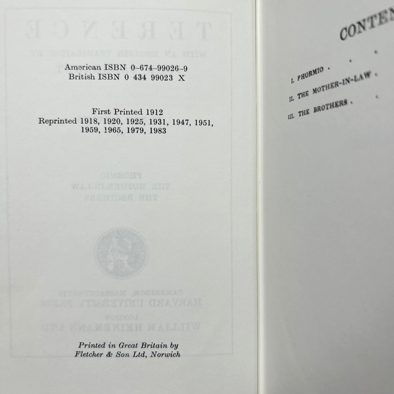 Loeb Classical Library TERENCE Complete Set of 2 Vols 1965 – HC/DJ VGC