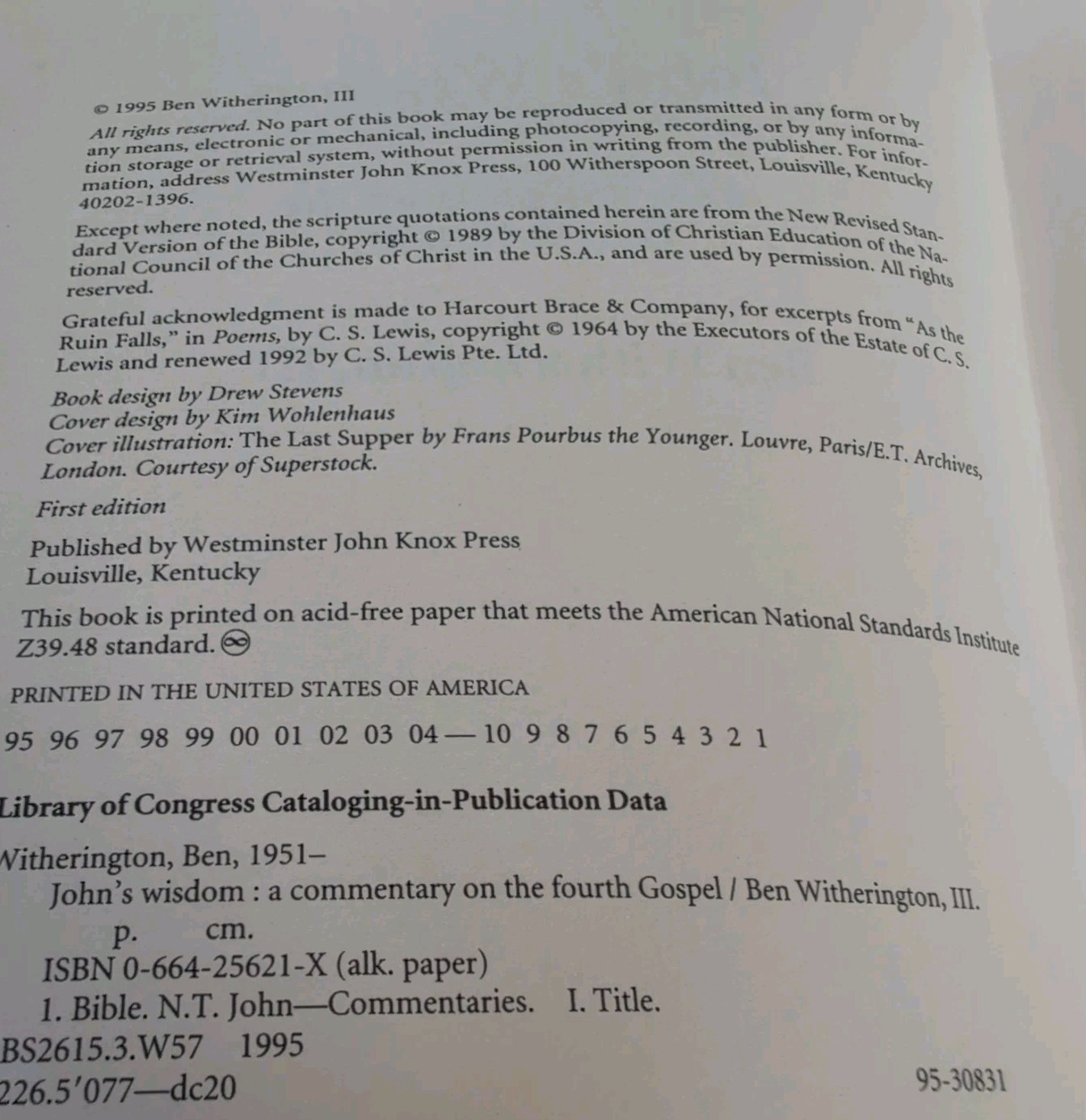 John’s Wisdom: A Commentary on – Paperback, by Ben Witherington III – Very Good