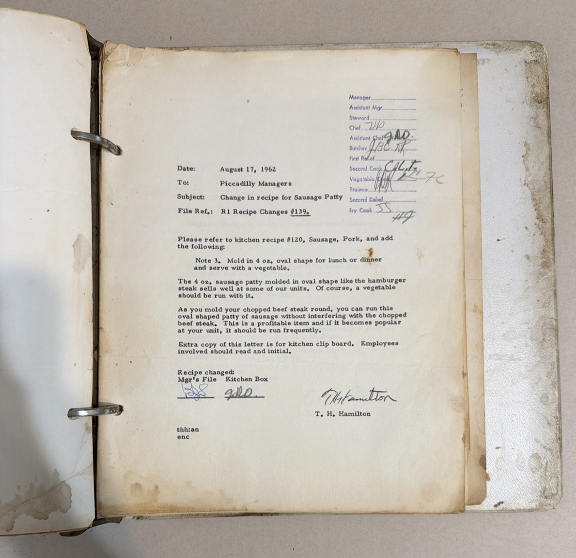 1960s Piccadilly Cafeteria Managers Correspondence from Owner T. H. Hamilton