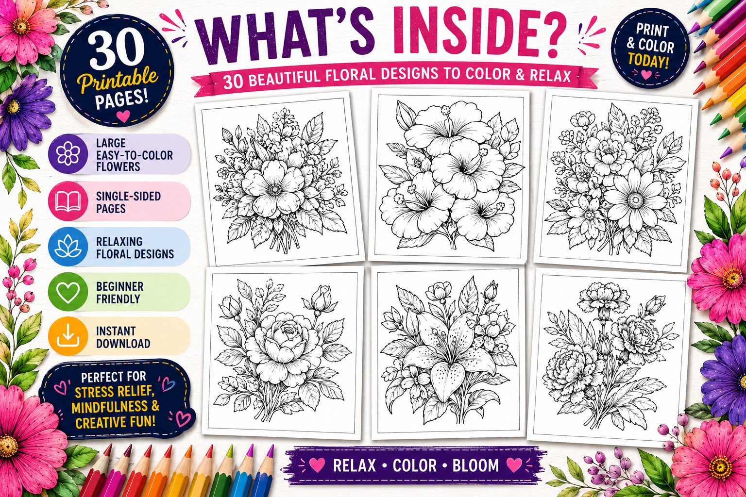DIGITAL CONTENT- 2025 Flower 30 Page Activity Book – PRINTABLE
