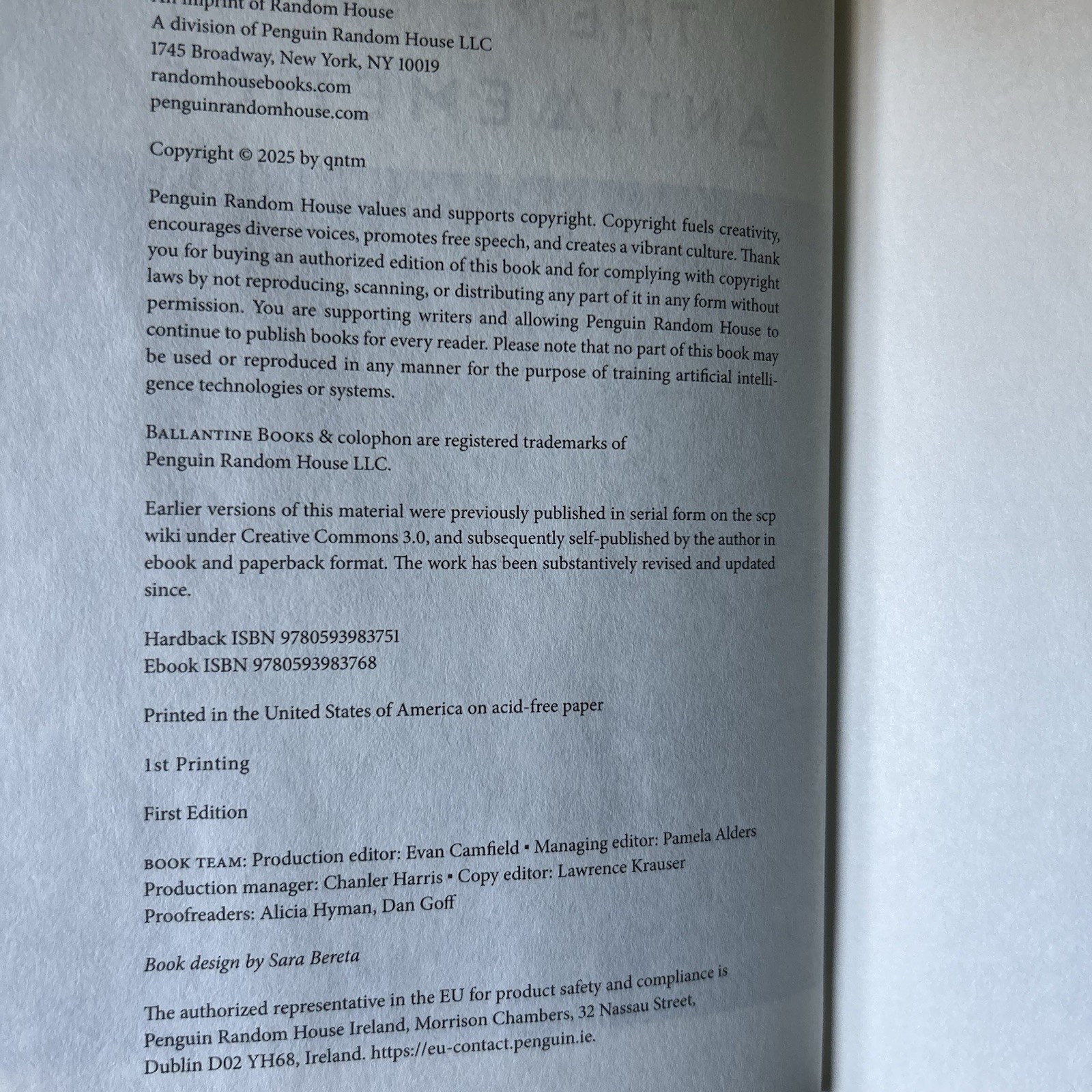 There Is No Antimemetics Division by QNTM 2025 Ballantine 1st Printing Hardcover