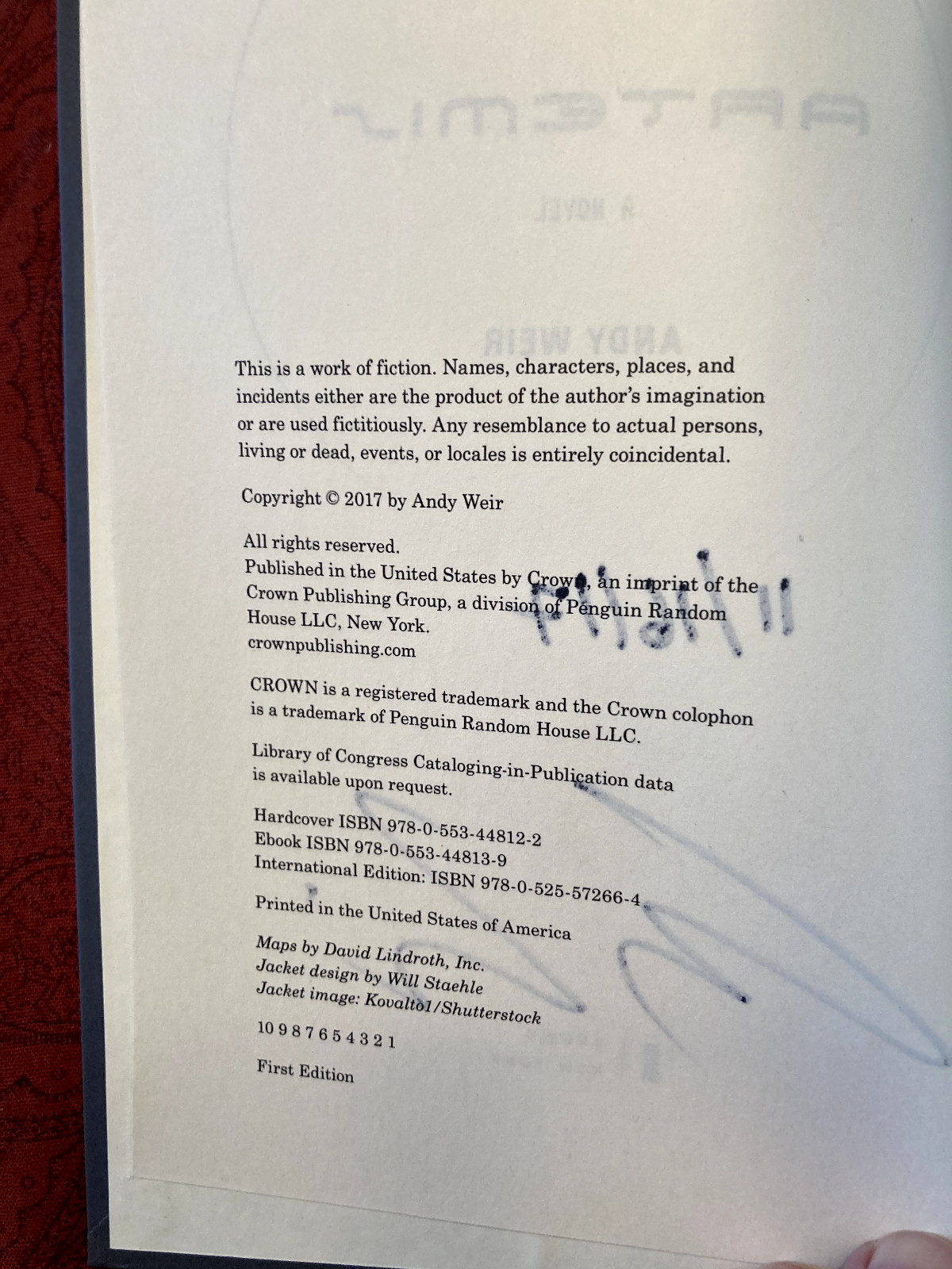 Artemis : A Novel by Andy Weir (2017) HC/DJ/1st Printing – SIGNED & DATED