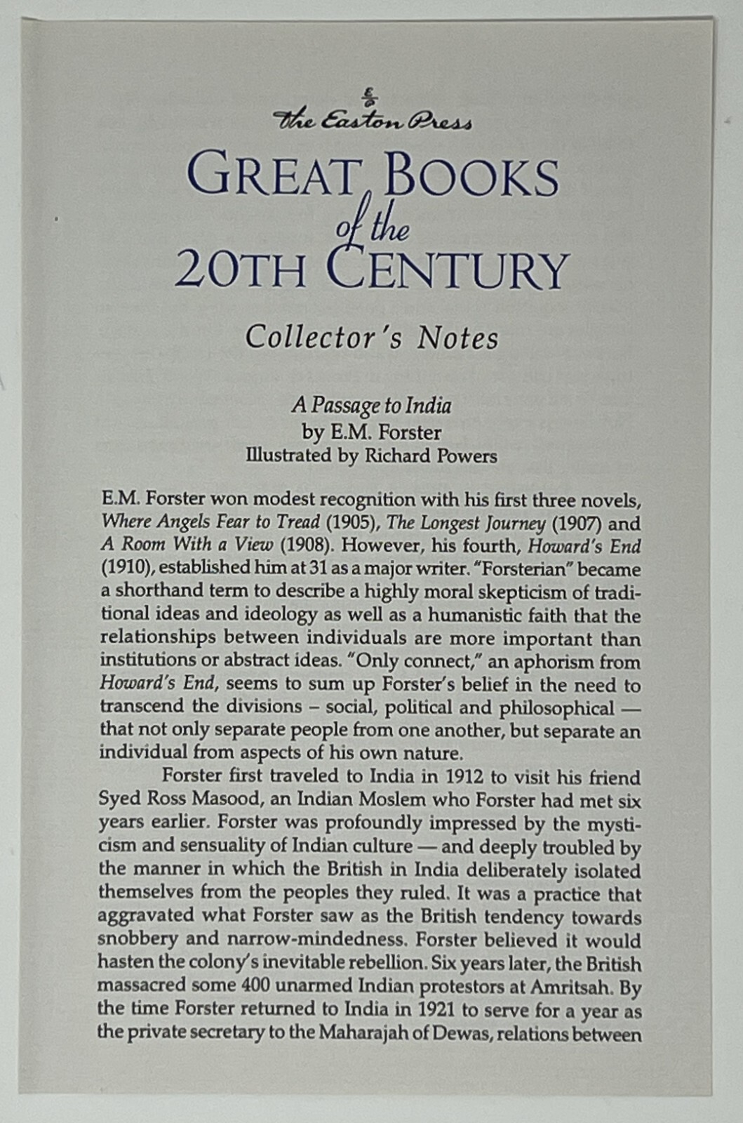 EASTON PRESS: A Passage To India: Collector’s Ed. by E. M. Forster – 1992 HC