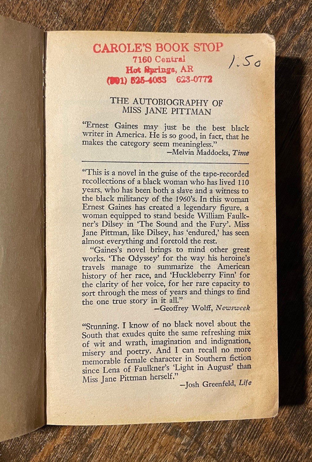 The Autobiography of Miss Jane Pittman Ernest J. Gaines Bantam Paperback 1972