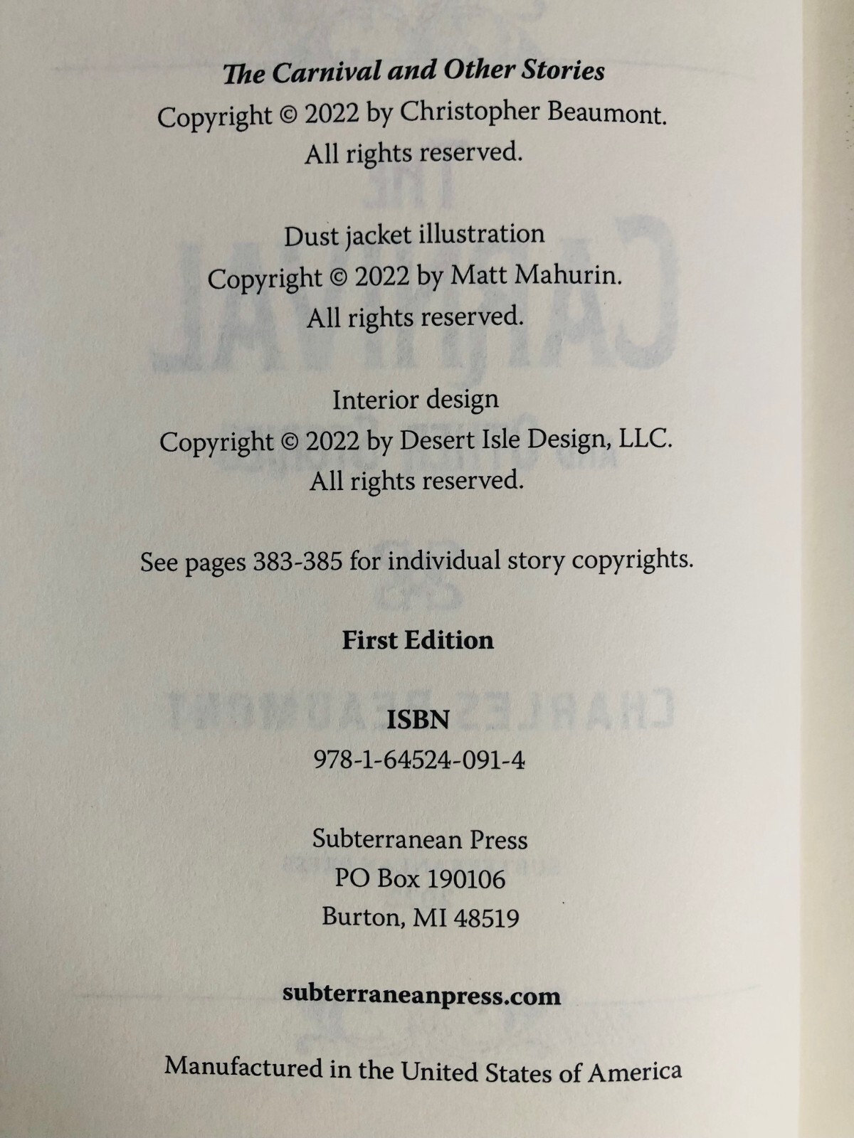 The Carnival and Other Stories by Charles Beaumont SUBTERRANEAN PRESS Numbered