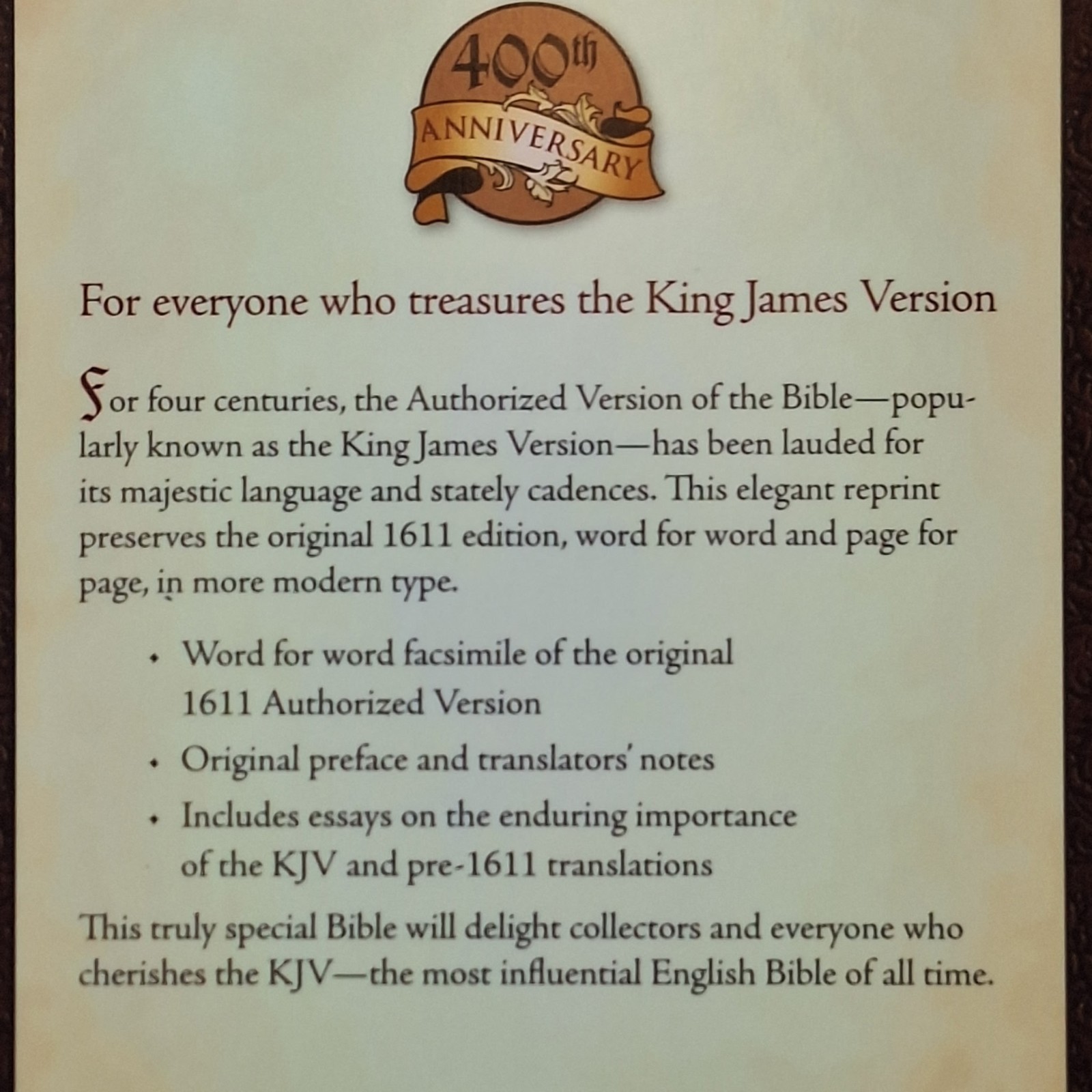 Holy Bible: King James Version Hardcover 400th Anniversary 1611 Ed New