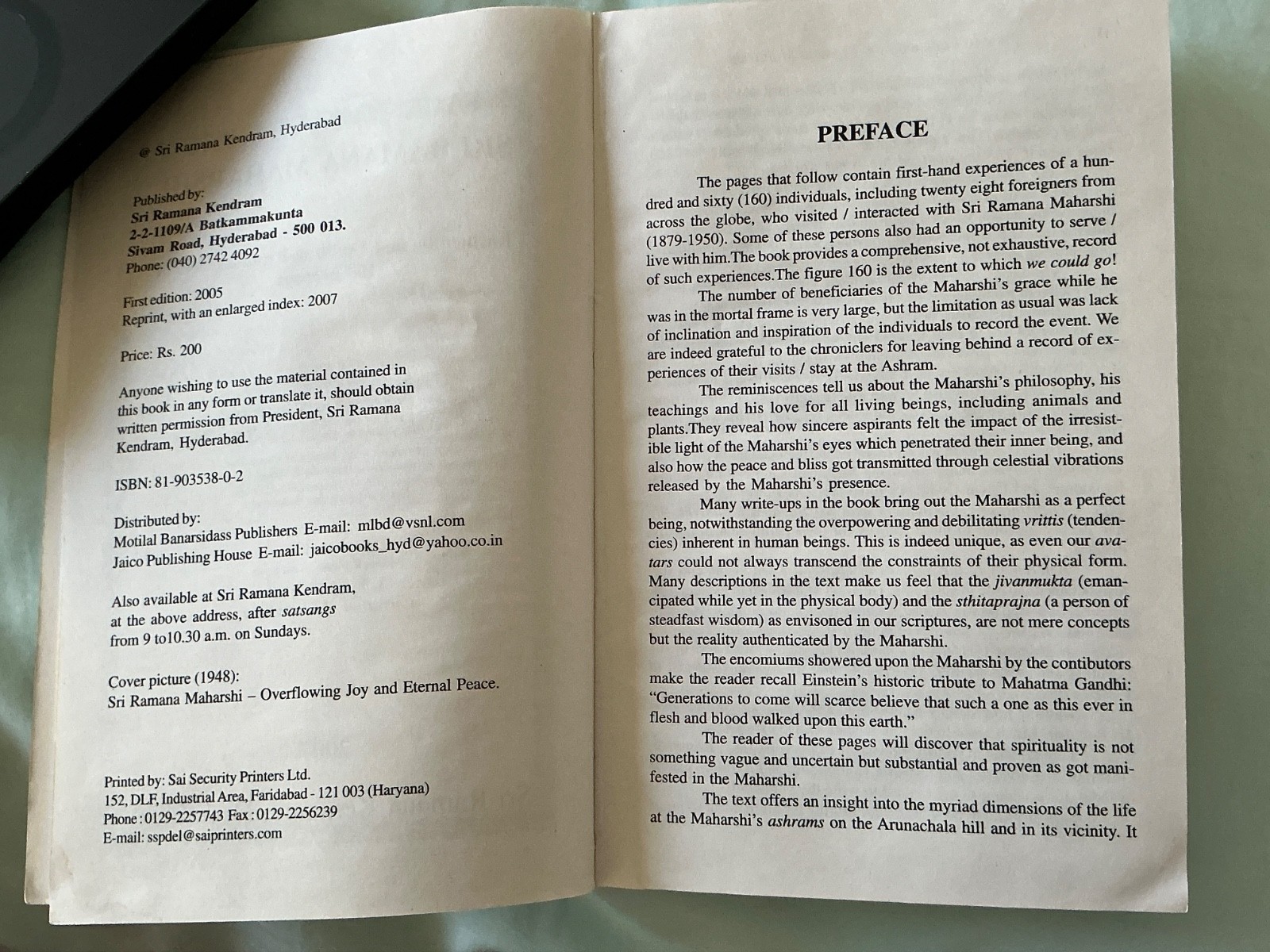 FACE TO FACE WITH SRI RAMANA MAHARSHI By & LAXMI NARAIN 2007 **Excellent**