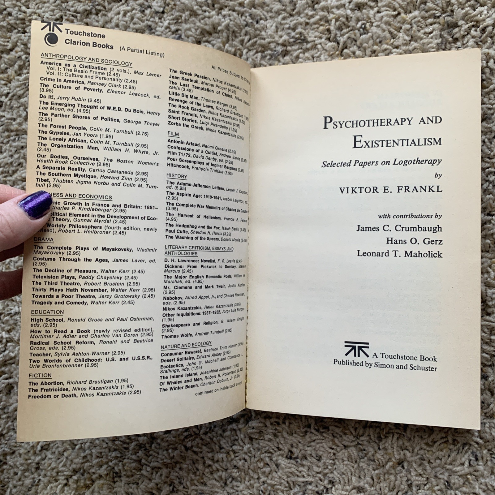 Psychotherapy and Existentialism Viktor E Frankl 1967 Fourth Printing Paperback