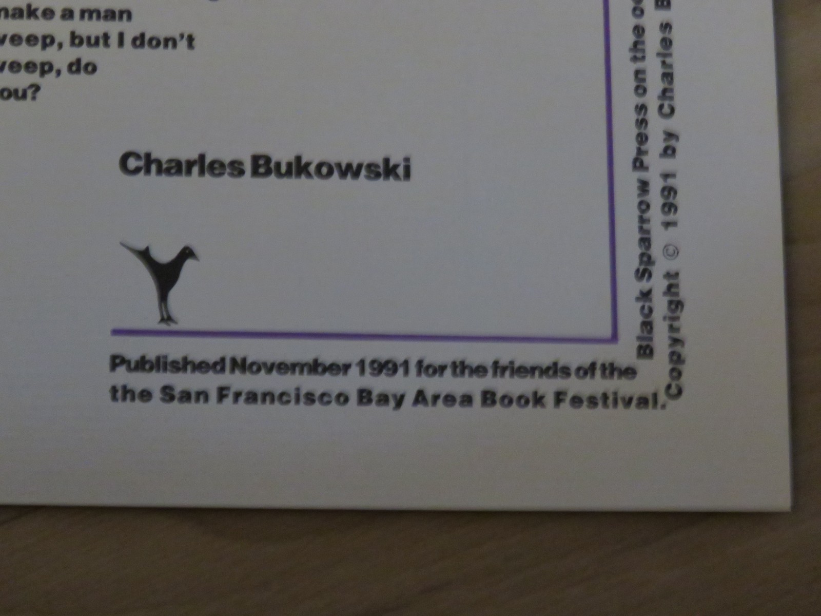 Black Sparrow – 1991 Charles Bukowski Bluebird broadside – Plus three