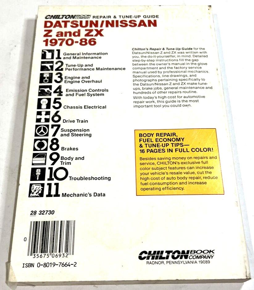 Chilton’s 6932 Datsun/Nissan Z and ZX 1970-86 Repair and Tune-up Guide