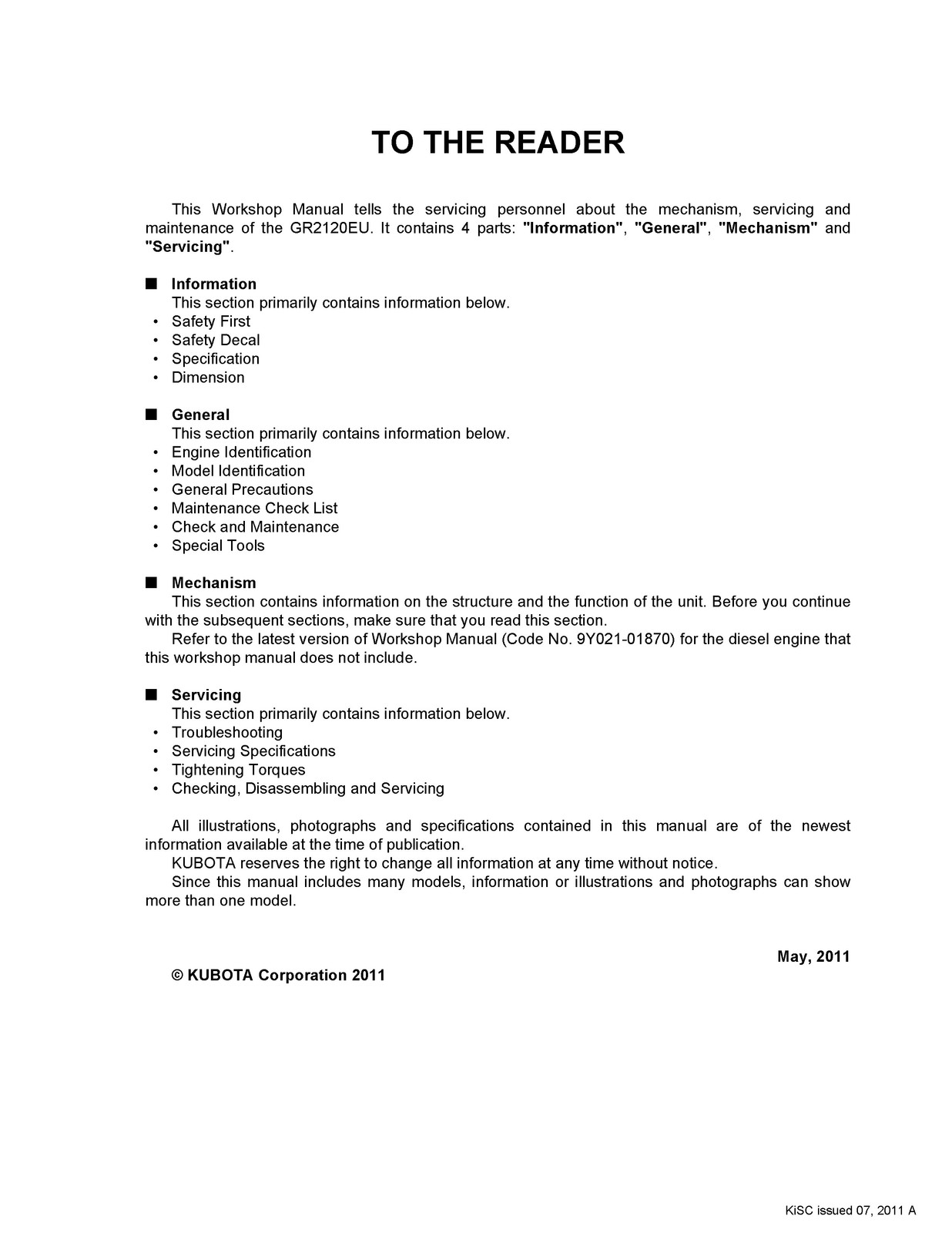KUBOTA GR2120EU Riding Mower Workshop Manual 2011 – BOUND – COVERS – XL FOLDOUTS