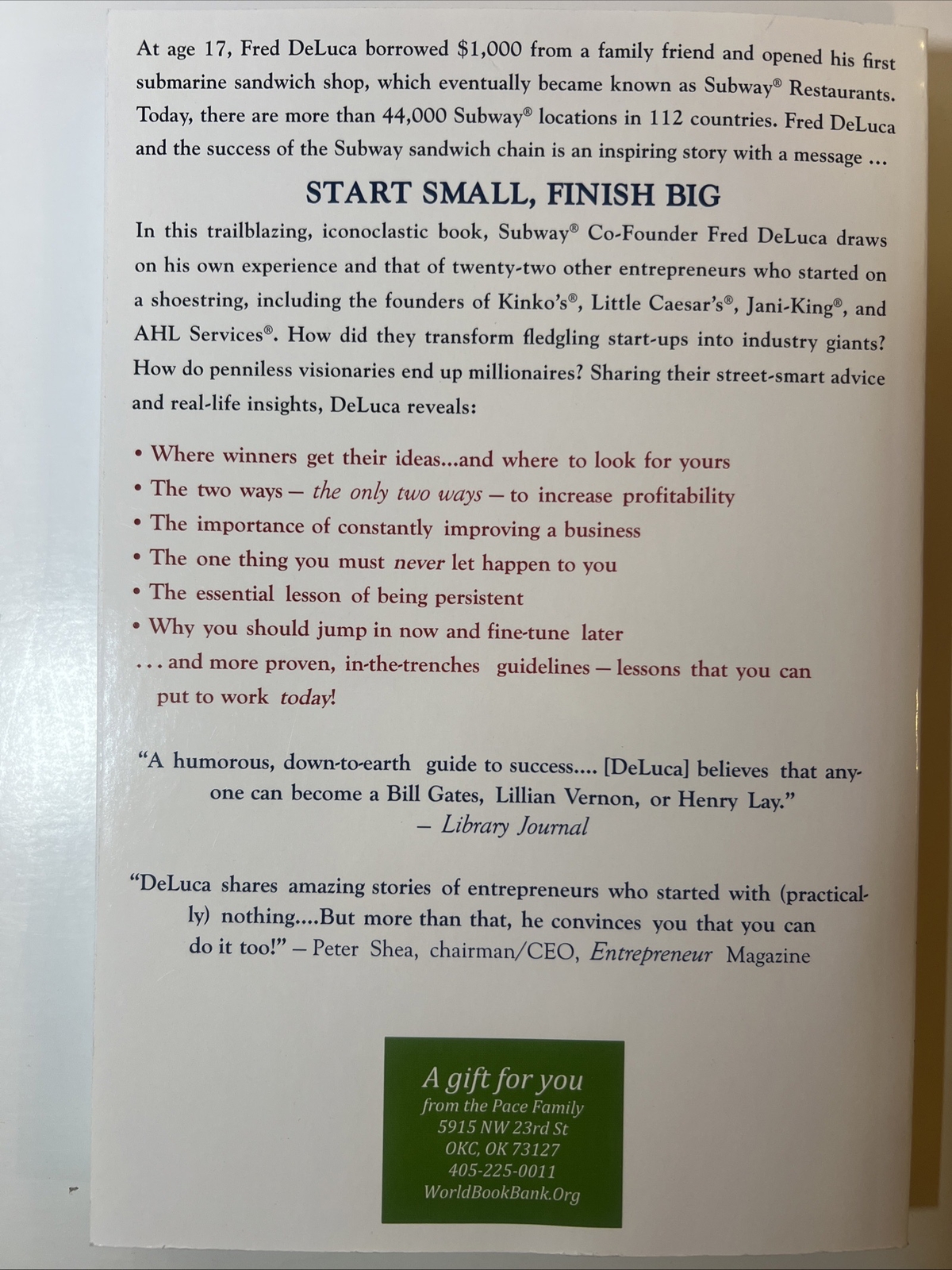 START SMALL FINISH BIG: FIFTEEN KEY LESSONS – PB By Fred DeLuca