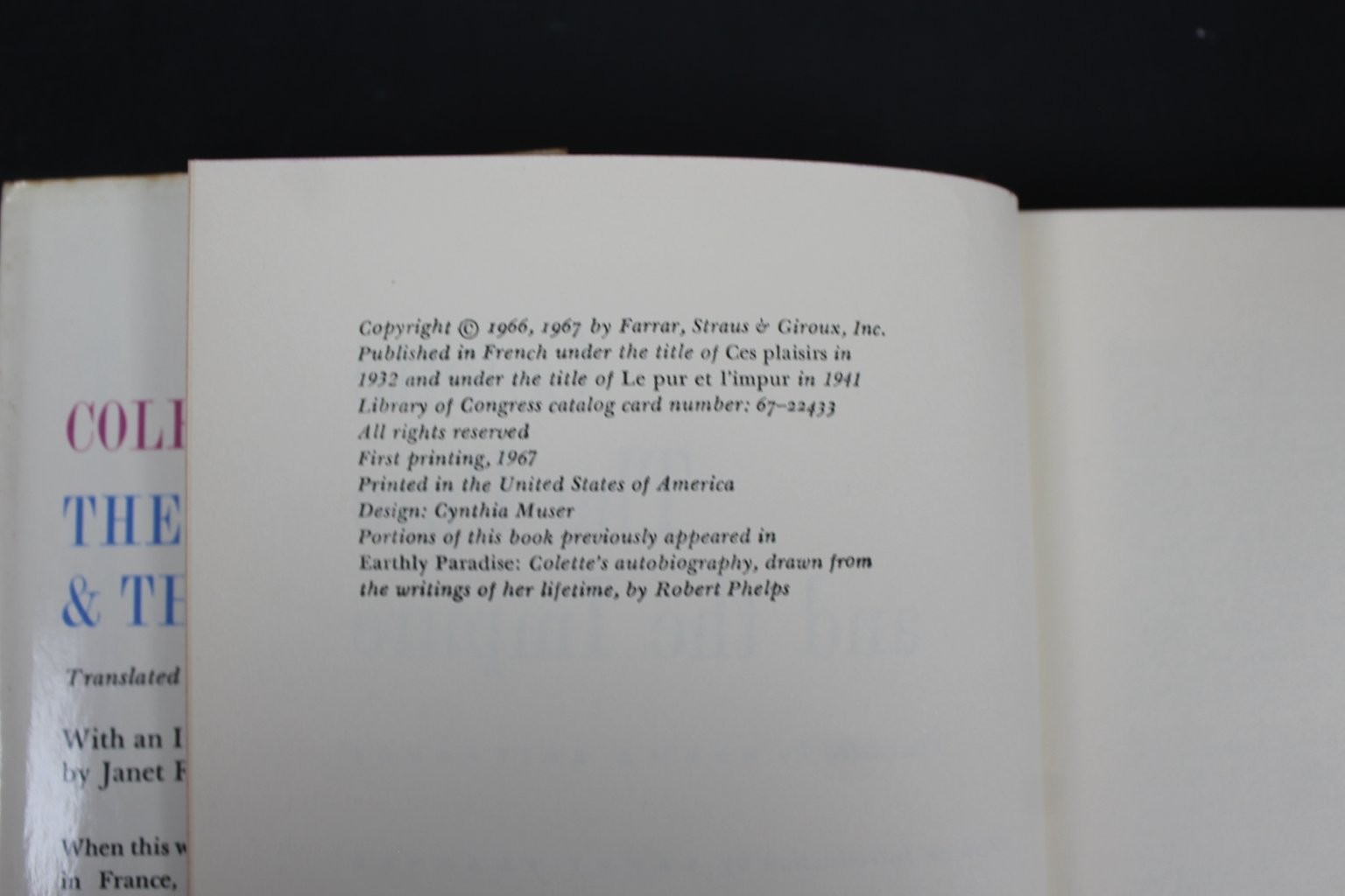 The Pure & The Impure Colette 1967 First Printing Farrar, Straus & Giroux